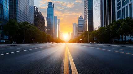 Fototapete - Empty road leading to sunset in a large city street with skyscrapers