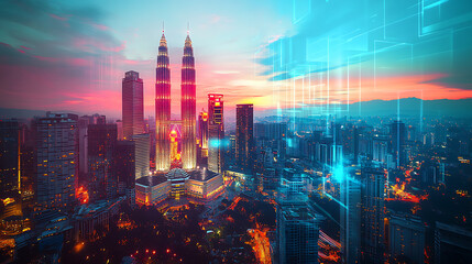 Fototapete - An abstract technology hologram featuring a panoramic view of kuala lumpur at dusk in malaysia and asia, concept of technological change of the world