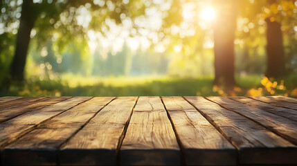 Poster - Empty rustic wood table in the nature, blurred background, illustration
