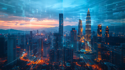 Aufkleber - An abstract technology hologram featuring a panoramic view of kuala lumpur at dusk in malaysia and asia, concept of technological change of the world