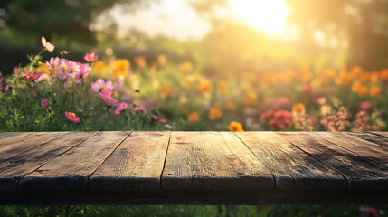 Poster - Empty rustic wood table in a sunset garden with blurred flowers, illustration