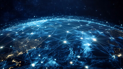 Poster - An abstraction of a global worldwide telecommunications network with nodes connected all over the earth