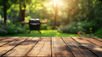 Poster - Empty wooden table on blurred garden background with barbecue grill in summer