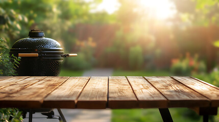Poster - Empty wooden table on blurred garden background with barbecue grill in summer