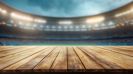 Poster - Empty wooden table top product display showcase stage with large sports stadium background