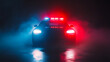 © CreativeCreations - Siren flashing lights with overlay effect on emergency or police cars, red and blue police car flare surrounded by fog on dark night background
