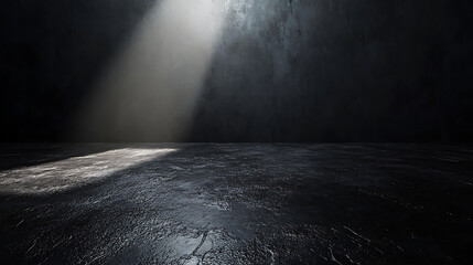Poster - An empty dark room with a spotlight on the textured floor, ideal for product presentation on a black background
