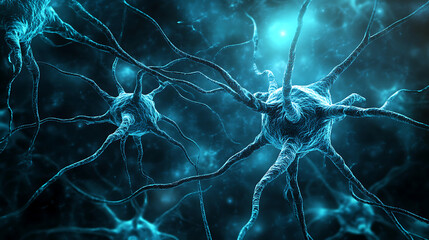 Poster - Exploring the intricate world of neurons stunning 3d microbiology render of nerve cells background with ample copy space