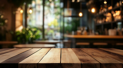 Poster - An empty wooden table with a blurred restaurant interior in the background, displaying a warmth and welcome ambiance