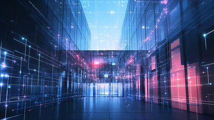 Poster - An office building, surrounded by digital connections and data points