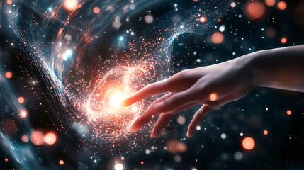 Fototapete - First contact, with hand touching spinning vortex of light particles, neuronal network concept