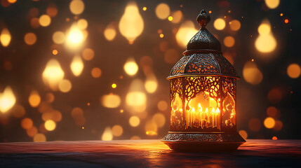 Poster - Arabic calligraphy of ramadan kareem, illuminated arabic lamp on background, 3d render