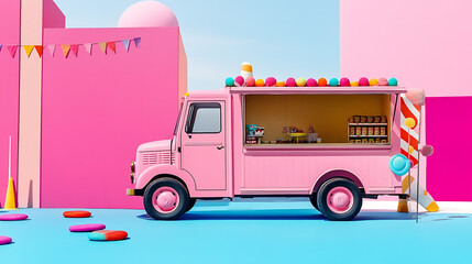 Aufkleber - Food truck of candy land on pink and blue background