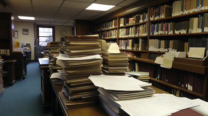 Poster - Stacks of paperwork and charts on a library desk