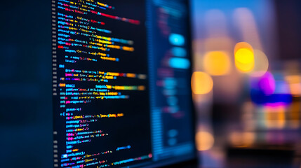 Poster - Focused view of code on a computer monitor, portraying a concept of software development on a blurred dark background