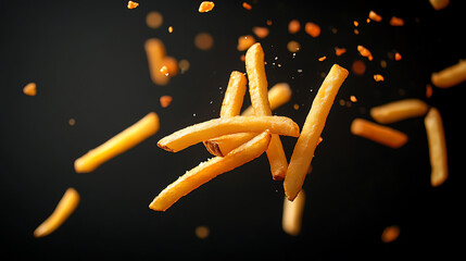 Wall Mural - freeze motion of flying french fries on dark background, concept of junk unhealthy food