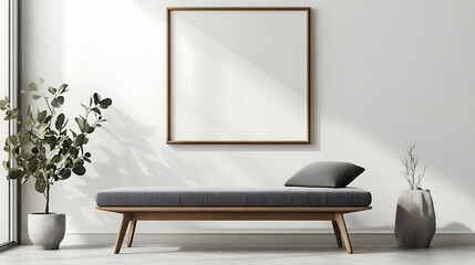Poster - Art poster frame on white wall above gray bench in mid-century interior design of modern living room