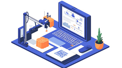 Fototapete - Isometric illustration of 3d printer with laptop on desk with photopolymer lcd 3d printer printed model of resin, a 3d model on screen laptop in cad system interface