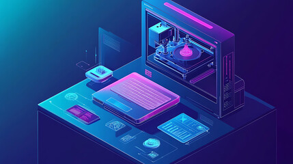 Leinwandbilder - Isometric illustration of 3d printer with laptop on desk with photopolymer lcd 3d printer printed model of resin, a 3d model on screen laptop in cad system interface