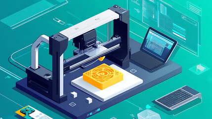 Leinwandbilder - Isometric illustration of 3d printer with laptop on desk with photopolymer lcd 3d printer printed model of resin, a 3d model on screen laptop in cad system interface
