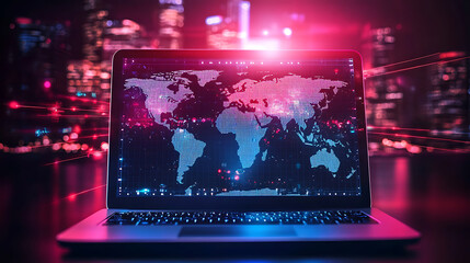 Fototapete - Laptop with world map for data processing complexity graphs and analytical diagrams in technology background bright neon dark