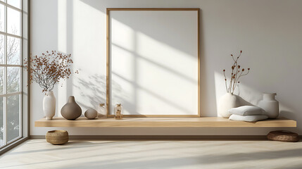 Poster - Light gallery room interior with shelf and decor, window and mockup frame