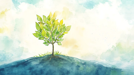 Poster - The mustard seed, watercolor illustration of a seed and a big tree in the background
