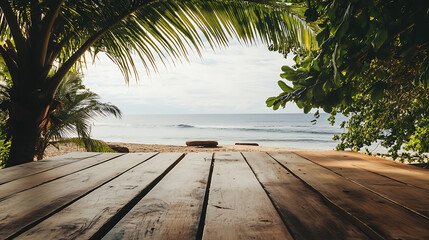 Aufkleber - Top of wooden table with sea view and palm tree, empty space to display your product, summer vacation background concept