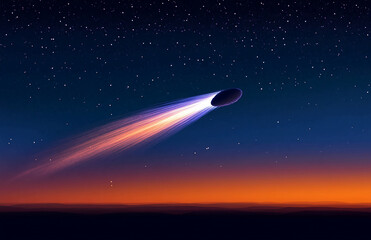 illustration of ufo flying in night sky with stars and comet tail for science fiction concept