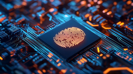 Aufkleber - Microchip integrated with a unique fingerprint pattern, symbolizing advanced biometric identification technology for secure access and authentication