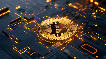 Fototapete - Bitcoin in the black network circuit board background