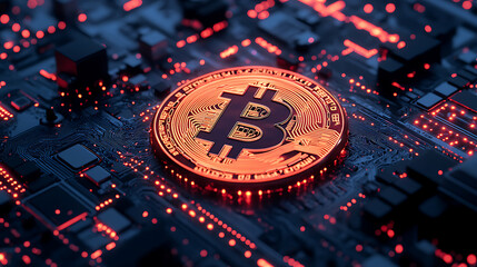 Leinwandbilder - Bitcoin in the black network circuit board background