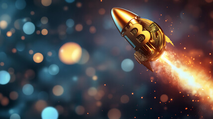 Aufkleber - Bitcoin rocket flying on blurred background, illustration