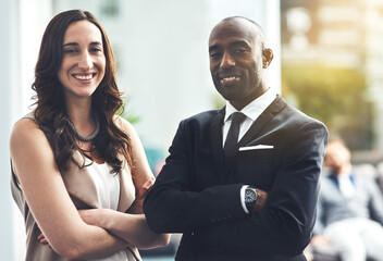 Aufkleber - Business people, portrait and arms crossed in office together, teamwork and support in planning. Staff, group and confidence for collaboration in workplace, professional cooperation and united smile
