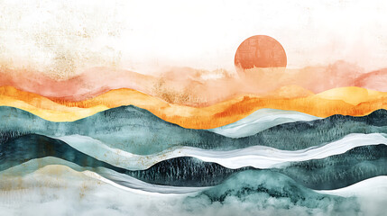 Fototapete - Minimalistic landscape drawing with watercolor brush and texture wallpaper with abstract art for prints, decoration, abstract beautiful lines, waves, 3d artwork