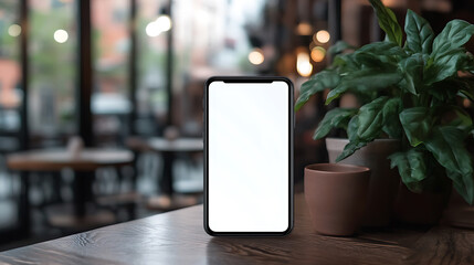 Poster - Mockup image of modern smartphone with blank white screen on wooden table in cafe