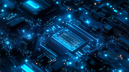 Fototapete - Blue neon computer motherboard background, technology design