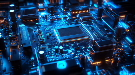 Aufkleber - Blue neon computer motherboard background, technology design