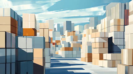 Fototapete - Warehousing and shipping industry depiction, picture captures a storage facility backdrop adorned with organized stacks of parcels