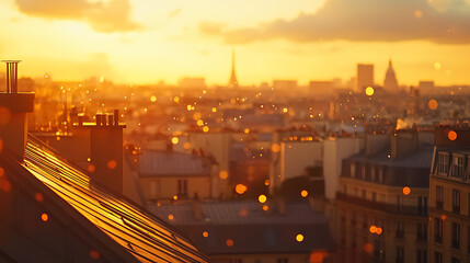 Aufkleber - Warm summer sunset glow over urban skyline, golden hour cityscape with blurry rooftop views and bokeh lights for evening celebrations