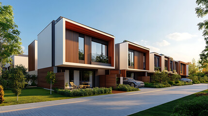 Fototapete - Modern modular private townhouses with wooden cladding, residential architecture exterior