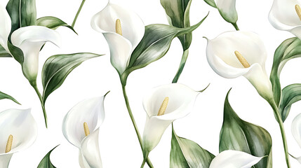 Poster - Watercolor calla lily flowers seamless pattern, hand drawn wallpaper design, repeating texture with floral branches and white flowers on white background