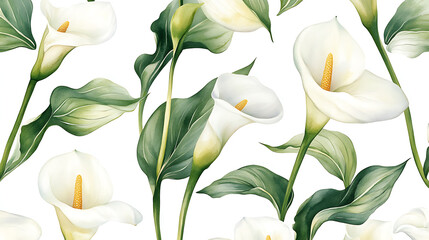 Poster - Watercolor calla lily flowers seamless pattern, hand drawn wallpaper design, repeating texture with floral branches and white flowers on white background