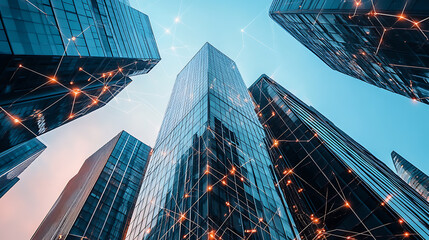 Aufkleber - Modern skyscrapers connected digitally, representing the integration of technology in real estate business models and building management systems