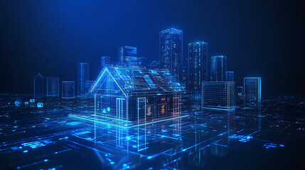 Poster - Modern smart home, against the background high-rise buildings, development architecture computer systems of smart building, hologram of the smart home is isolated on blue background, 3d illustration
