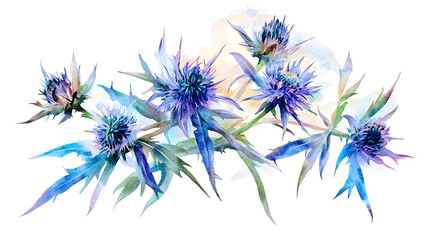 Poster - Watercolor painting of eryngium flowers isolated, perfect for poster, greeting cards, pattern designs and background