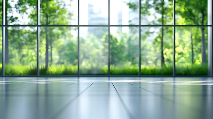 Poster - Blurred empty modern open space office with large windows and green trees on the outside, environment friendly business background