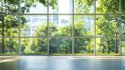 Poster - Blurred empty modern open space office with large windows and green trees on the outside, environment friendly business background