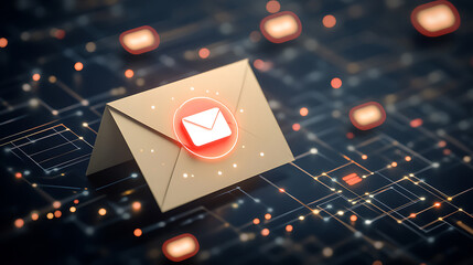 Aufkleber - Newsletter or message concept with front view on beige email paper envelope with white unit in red circle on the corner on dark background, 3d rendering