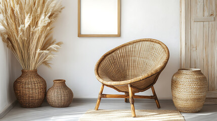 Poster - Wicker chair and floor vases near white wall with blank mockup poster frame, boho interior design of modern living room